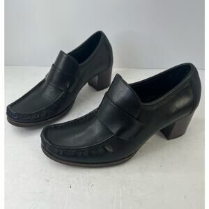 Timberland Everleigh Black Leather Chunky Heel Slip‎ On Loafer Comfort Shoes 7M